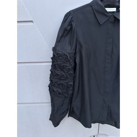 Rebecca Taylor $295 Women's Black Silk Ribbon Trim Sheer Button-Up Size S Luxury - Picture 9 of 16
